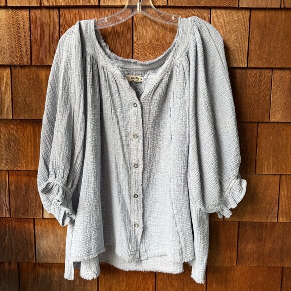 NWT Free People Blue Gauzy Lucy Cotton Button-Front Swing Blouse - Women's Large - Picture 2 of 12